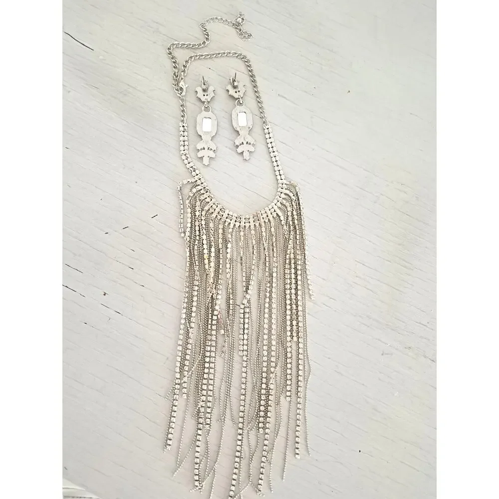 Long Rhinestone Bib Necklace with Earrings Set